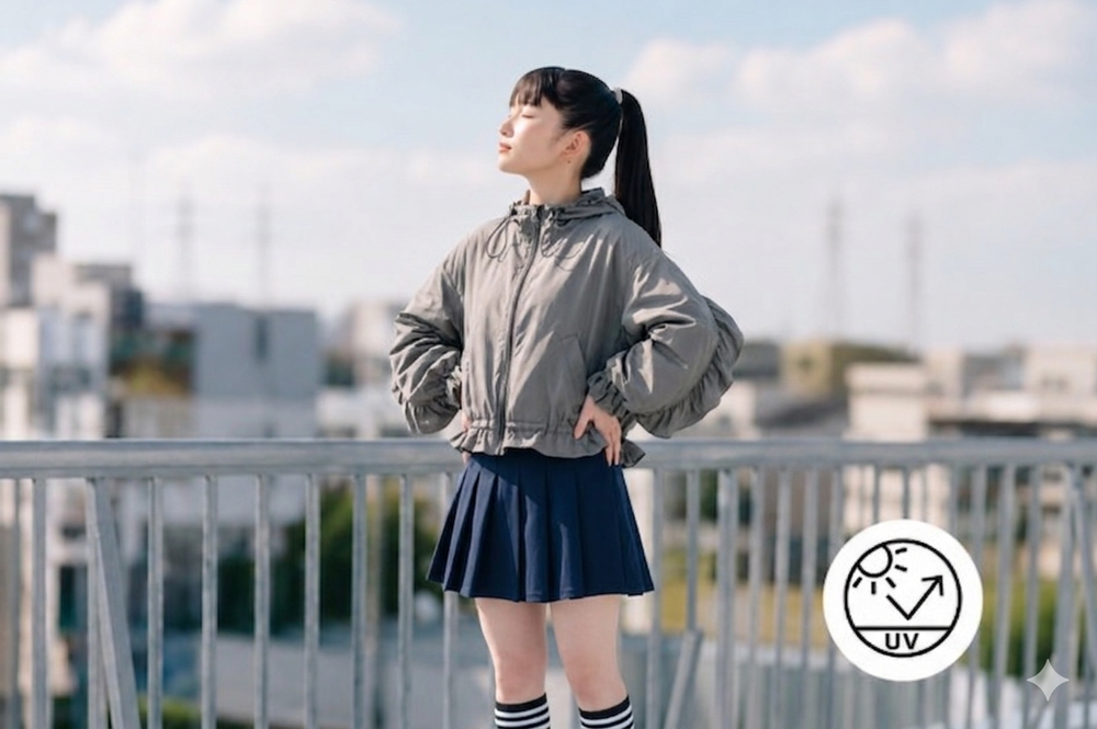 屋外で日差しを浴びる腕まで覆われた着用シーン